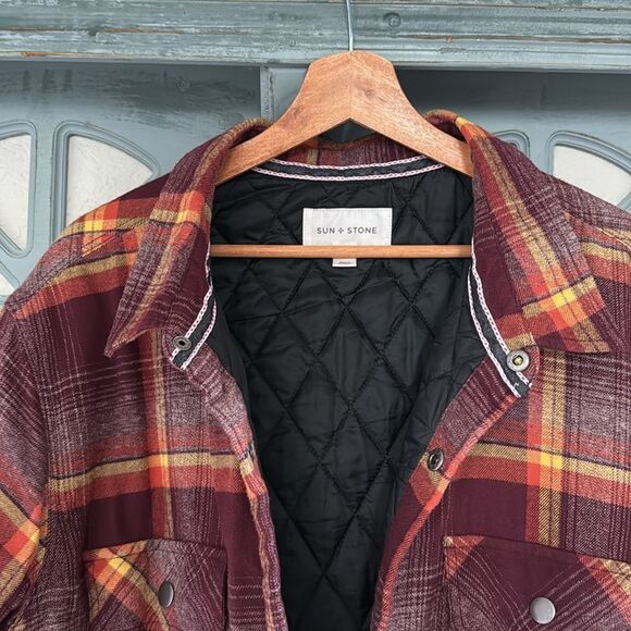 Sun & Stone Men's Plaid Flannel Shirt Shacket Burgundy Yellow Jacob Shirt Jacket - Picture 4 of 9